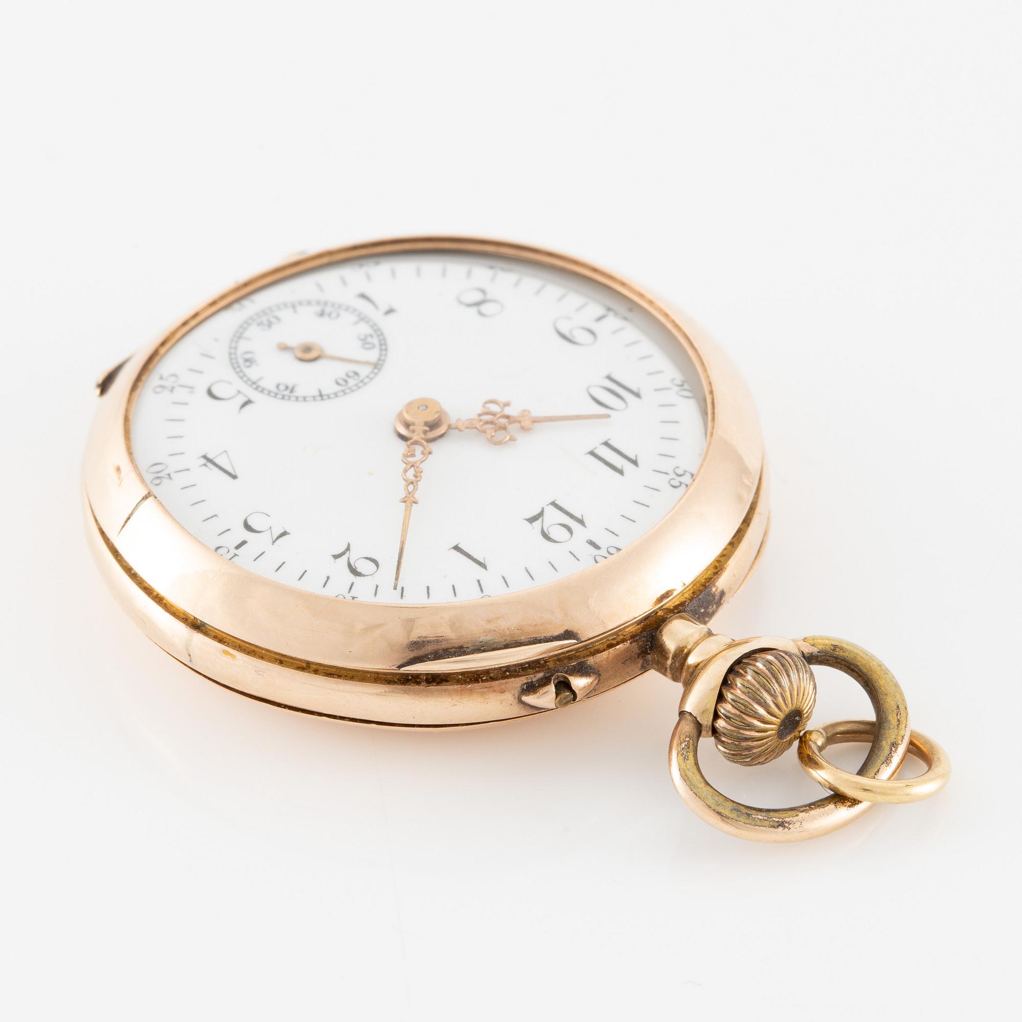 Pocket watch, 14K gold with chain, 32 mm.