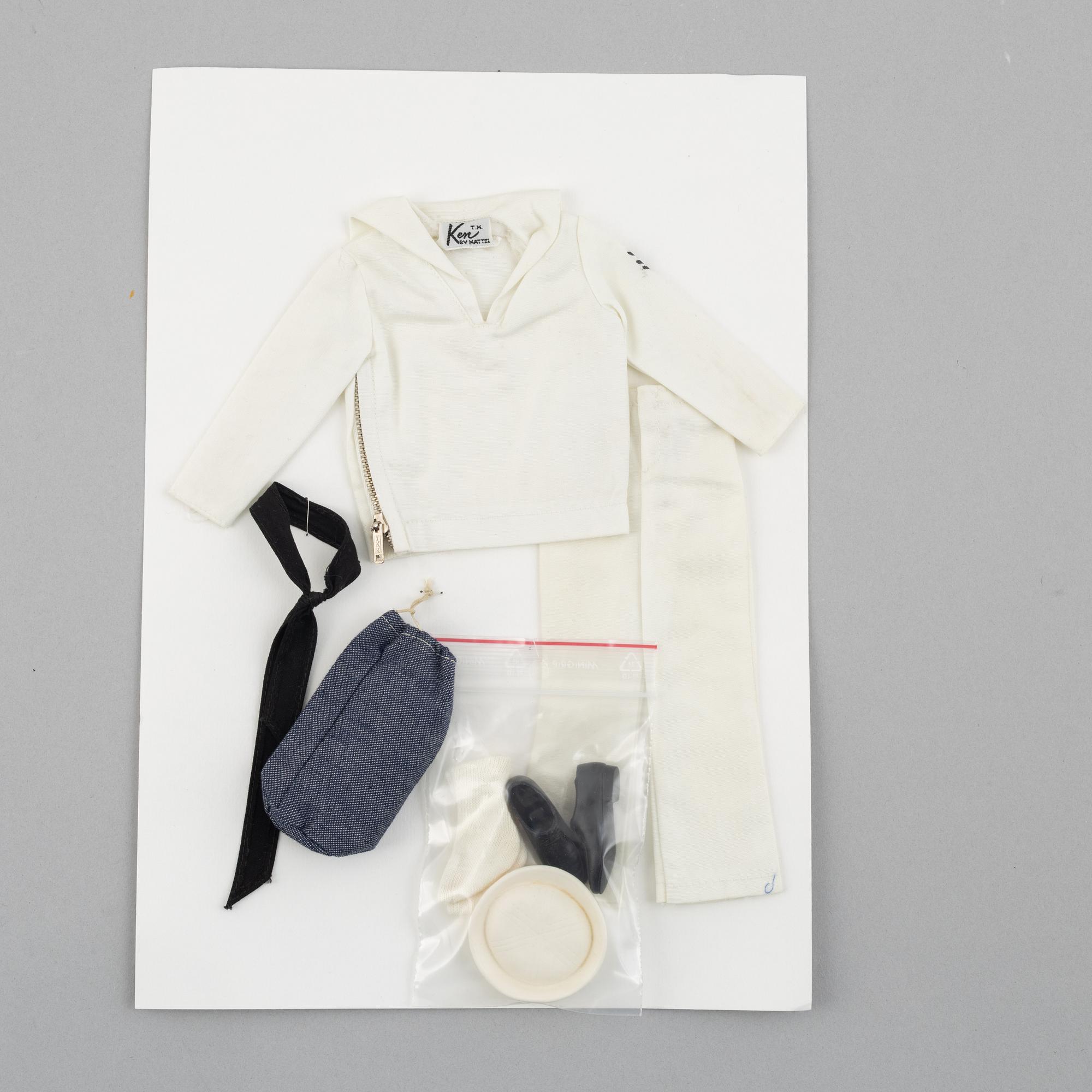 Clothing sets, Ken, 4 pcs, including "Ken Going Hunting, 1409" & "Ken Sailor, 796", Mattel, 1960s.