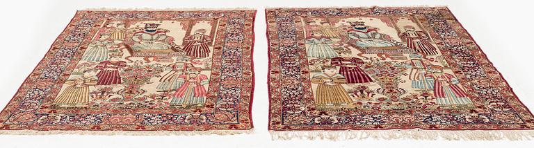 A pair of antique Kerman Raver rugs, c 215-220 x 135-139 cm.