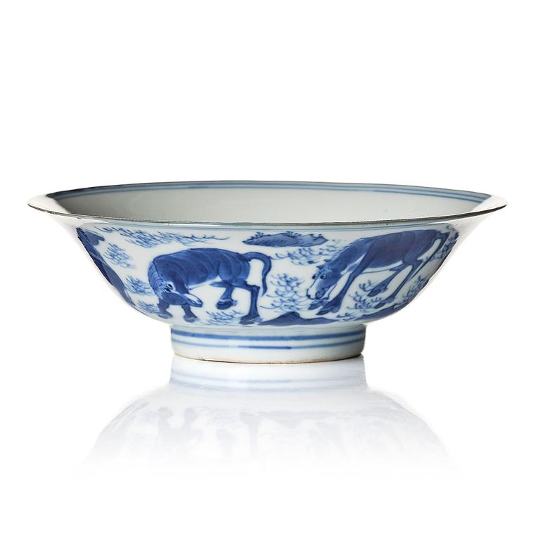 A blue and white Kung Mu bowl, 17th century with a Jiajing mark.