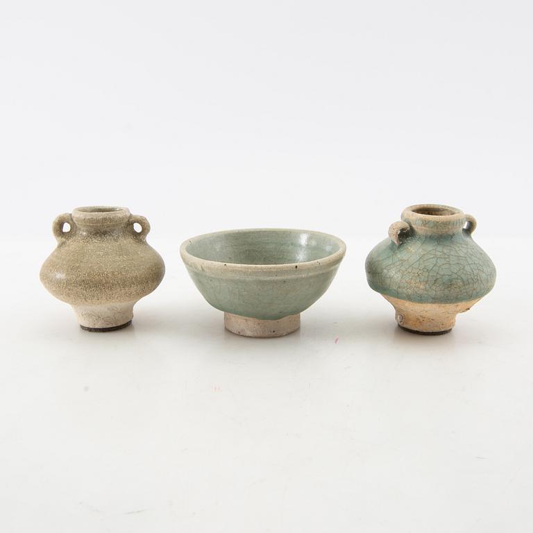 A group of three celadon glazed vessels, Sawankhalok, Thailand, 15th/16th century.