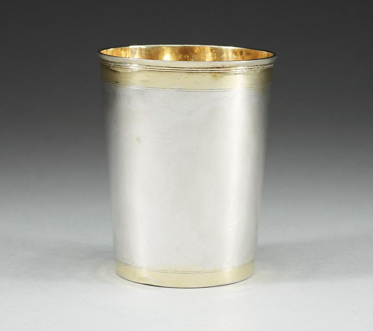 A Russian 18th century parcel-gilt beaker, unidentified makers mark, Moscow 1730.