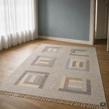 Margareta Åkerberg “Rödlöga” flatweave rug, 250 x 173 cm, signed MÅ.