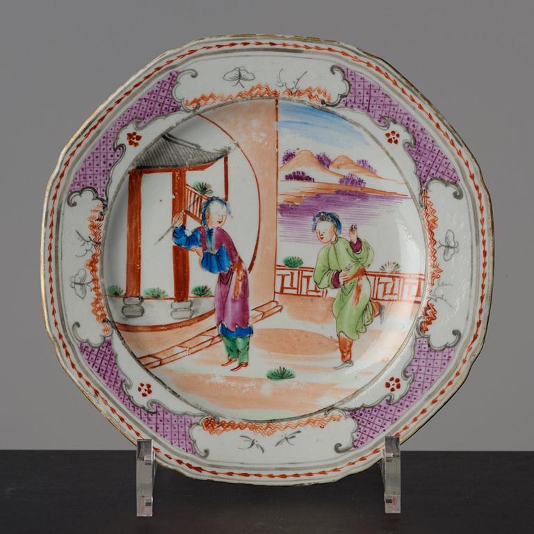 A set of 13 famille rose dessert plates, Qing dynasty, late 18th Century.