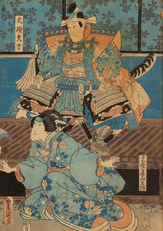 Utagawa Kunisada, triptyk, färgträsnitt. Japan, 1800-tal.