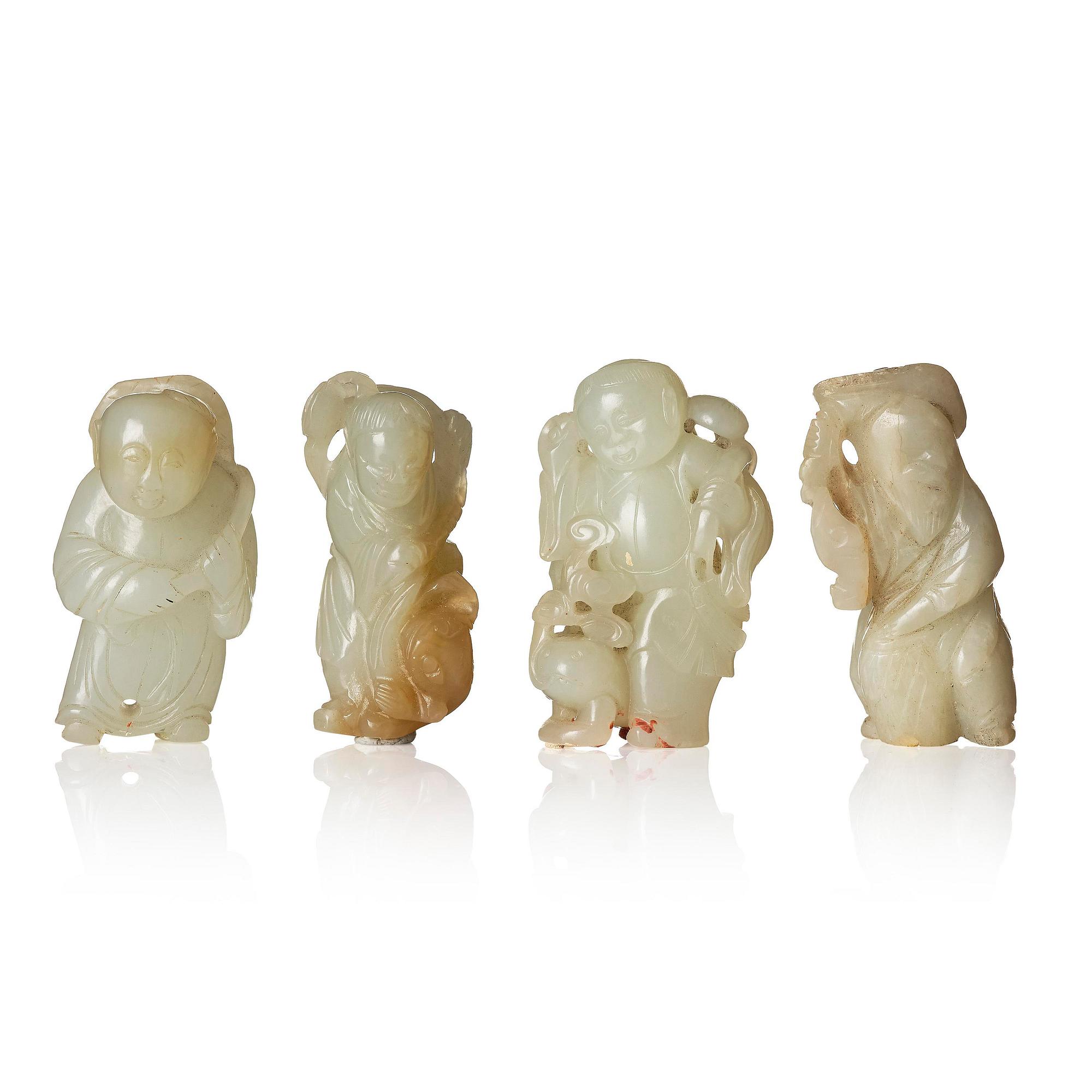 Figuriner, fyra stycken, jade. Qingdynastin, 1800-/1900-tal.