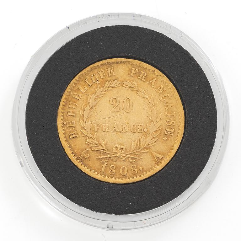 Guldmynt, Frankrike, Napoleon I, 20 Franc, Paris, 1808.