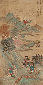 Four hanging scrolls with scenes from the history of the Three Kingdoms, late Qing dynasty (1644-1912).