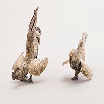 Four silver bird table decorations, Spanish and Finnish hallmarks, 20th Century.