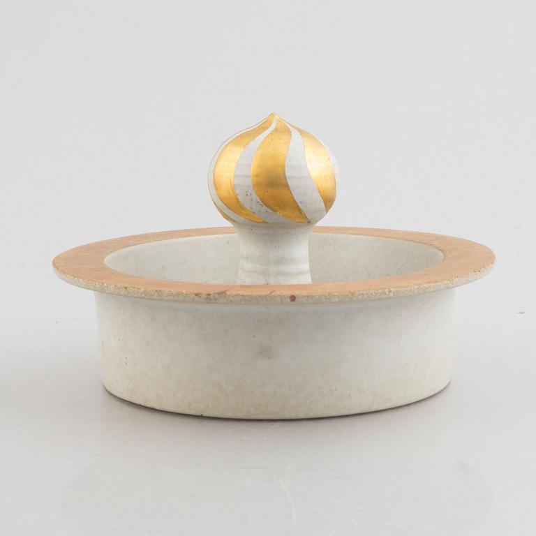 Lisa Larson, three stoneware candlesticks "Julius", "Juliana", "Angel" aswell as a bowl "Guldknopp",  Gustavsberg.