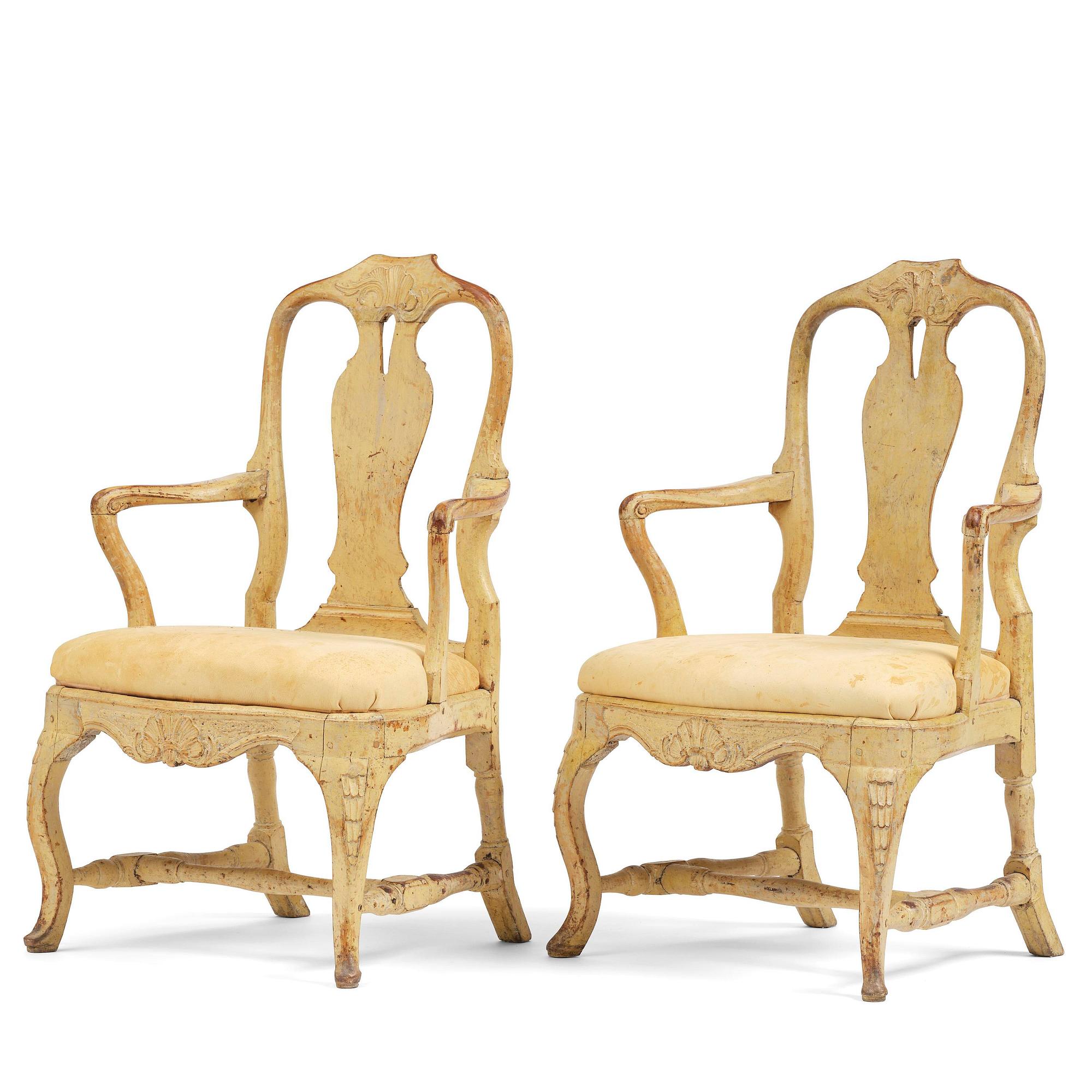 A pair of rococo open armchairs, Stockholm, later part 18th century.