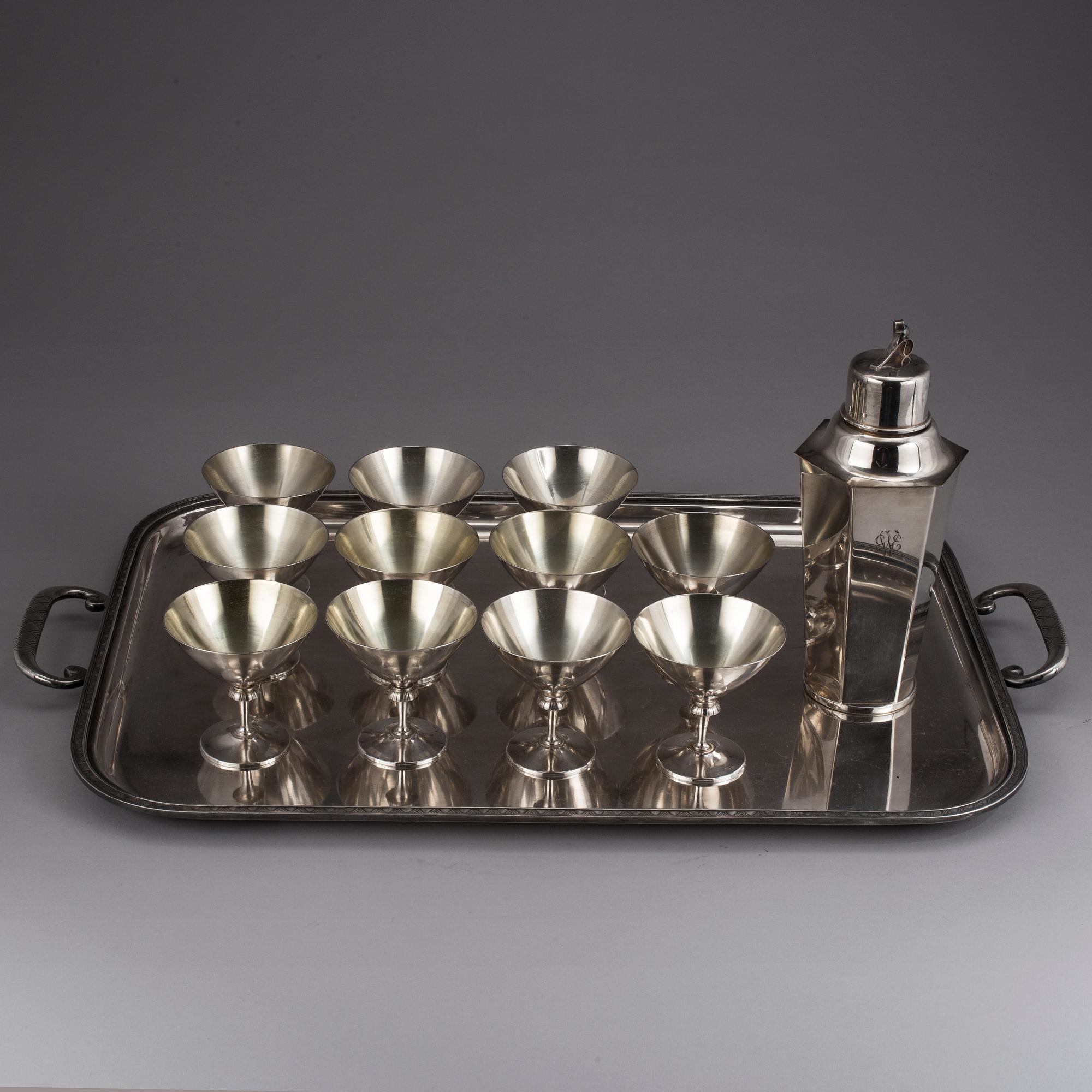 COCKTAILSET, 13 delar, nysilver, bland annat GAB, Stockholm, 1900-tal.
