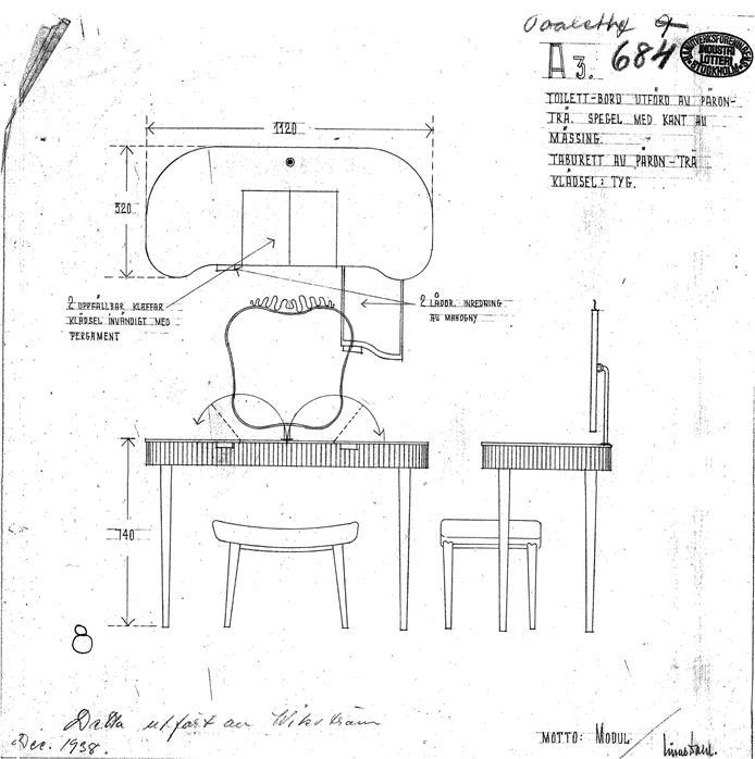 Einar Dahl, toilettbord med spegel, snickarmästare Hjalmar Wikström, för Stockholms Hantverksförening ca 1939.