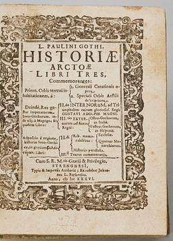 BOK, "Historiae Arctoae..." av Laurentius Paulinus Gothus, Strängnäs 1636.