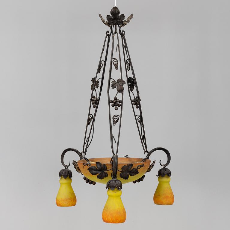 A Muller Croismare glass and metal ceiling lamp, Nancy, first half of 20th Century.