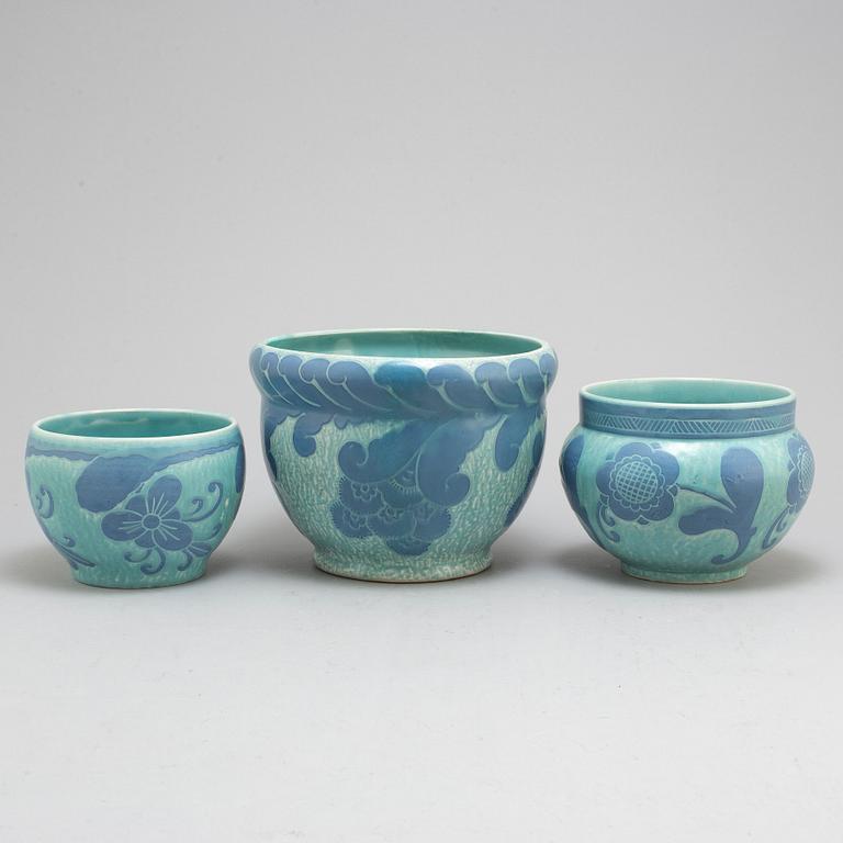 JOSEF EKBERG, three 'Sgrafitto' ceramic plant pots from Gustavsberg, 1920-1.