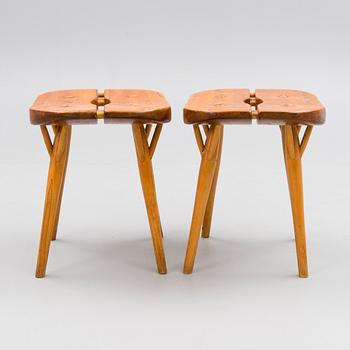 Ilmari Tapiovaara, Two mid 20th century special edition 'Pirkka' stools likely manufactured by Laukaan Puu, Finland.