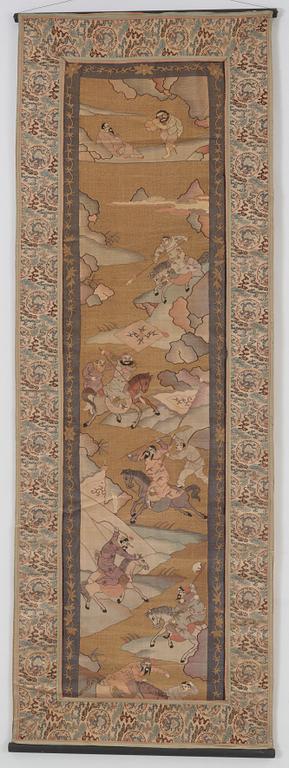 A set with four silk- and goldthread kesi-panels of soldiers in a landscape, late Qing dynasty (1644-1912).