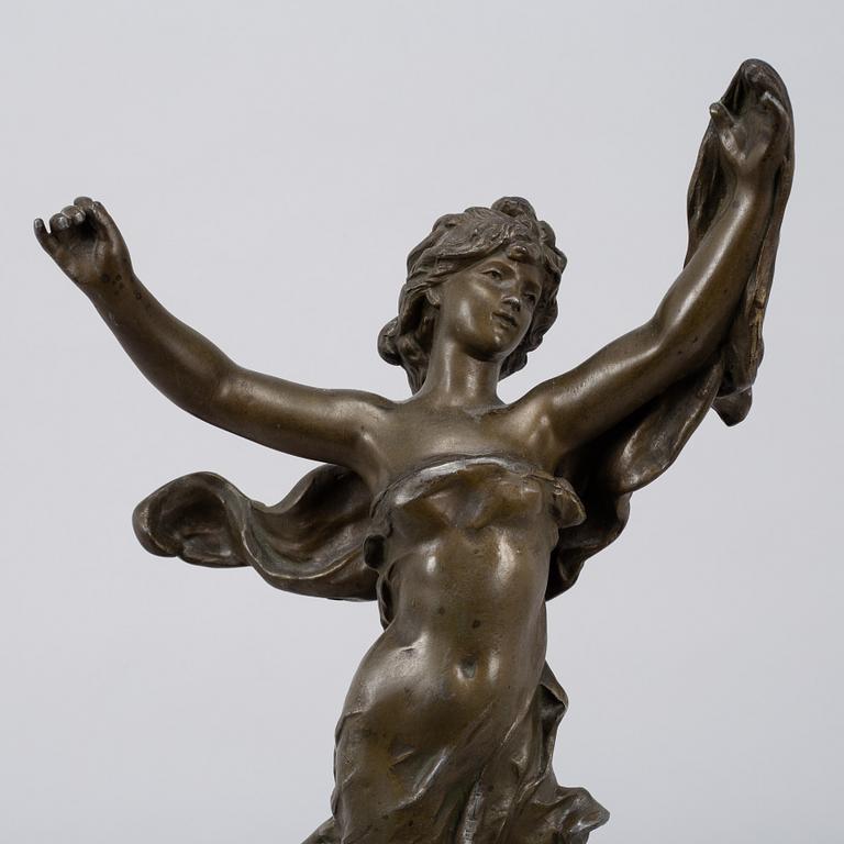 A bronze, green stone table clock, 'La Merveilleuse', after Auguste Moreau, 20th century.