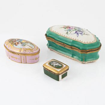 Three porcelain boxes, France, First half and mid 20th century.
