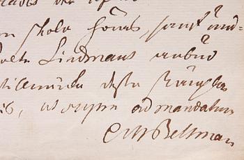 PROTOKOLLSUTDRAG MED AUTOGRAF, Carl Michael Bellman, sign o dat 1770.