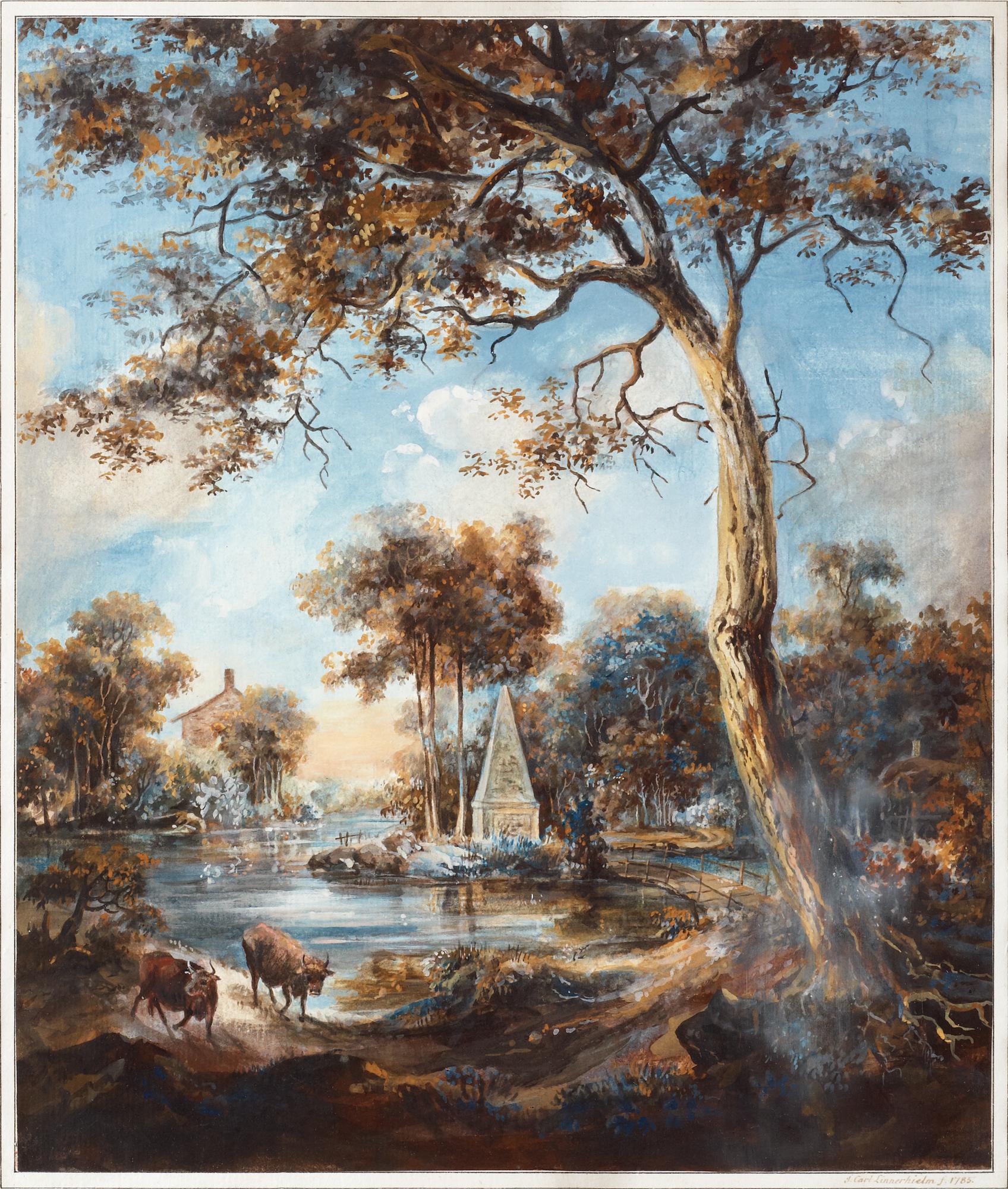 Jonas Carl Linnerhielm, Insjölandskap med boskap och byggnader.