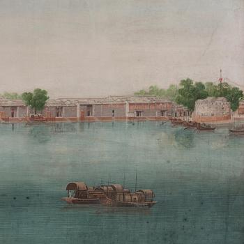 A pair och Chinese Export paintings depicting the Hongs of Canton and buildings along the river, late 18th century.