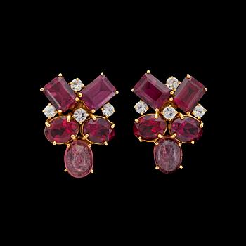 948. A pair of tourmaline, spessartite garnet and white sapphire earrings.