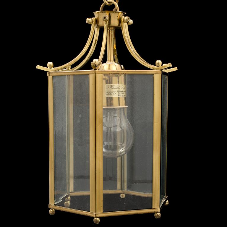 A brass and glass ceiling light from Klassiska Lyktor, late 20th Century.