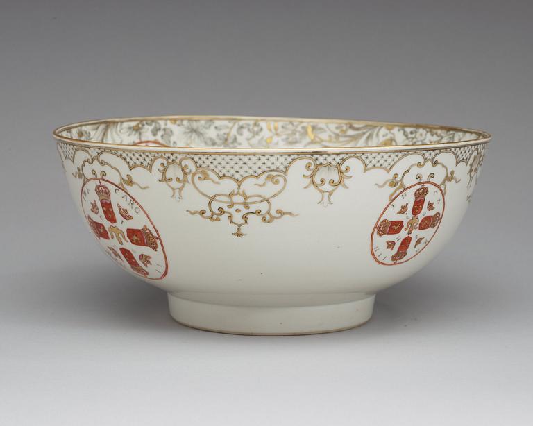 A rare grisaille armorial punch bowl, Qing dynasty, Yongzheng, 1730's.