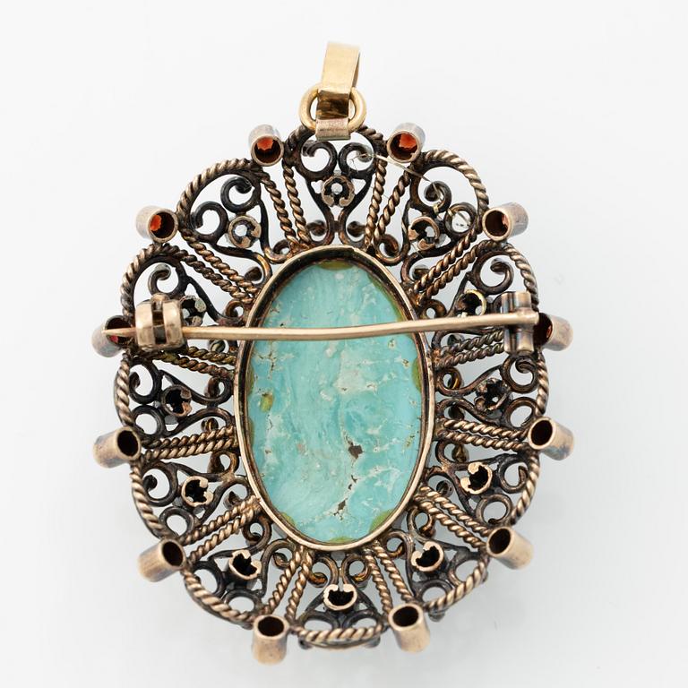 Brooch/pendant, 18K gold and silver with rose-cut diamonds, turquoise and garnets.