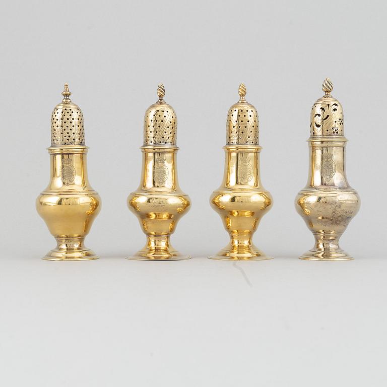 Four English 18th century silver-gilt caster-cruet, one pair marked Thomas Shepherd, 1790, one John Delmester 1760,