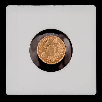 GULDMYNT, fem kronor, Gustaf V, 1920. Vikt ca 2 gram.