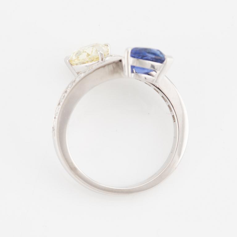 Ring, 18K white gold with a heart-shaped yellow diamond and sapphire, accompanied by GIA report.