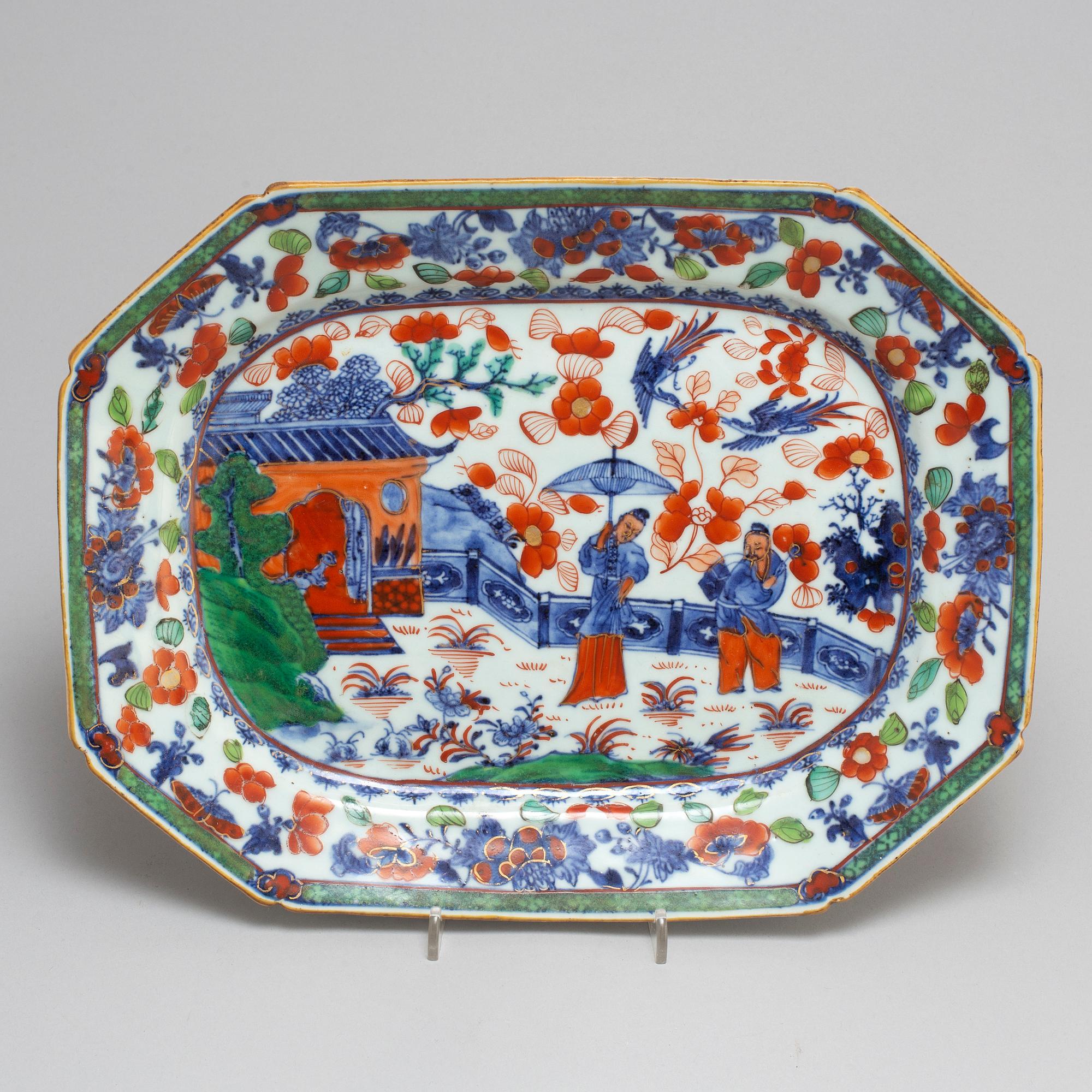 A 'clobbered' blue and white serving dishes, Qing dynasty, Qianlong (1736-95).
