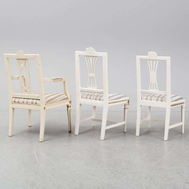 STOLAR 6 st (4+2) och KARMSTOLAR ett par, gustavianska, Lindome, sent 1700-tal.