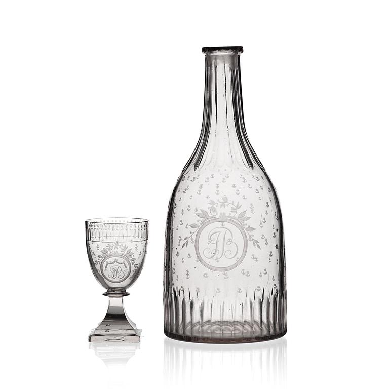 A set of eight Swedish late Gustavian cut and engraved glasses and a bottle, circa 1800.