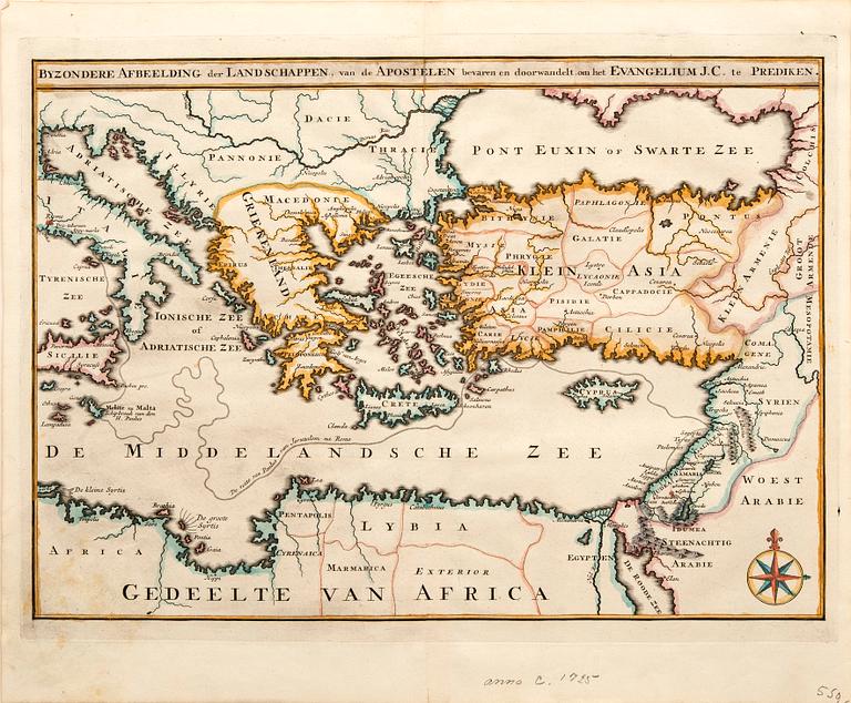 Maps of the Holy Land, 2 pcs, Augustin Calmet 1726 and Jacob & Hendrik Keur 1748, hand-colored engravings.