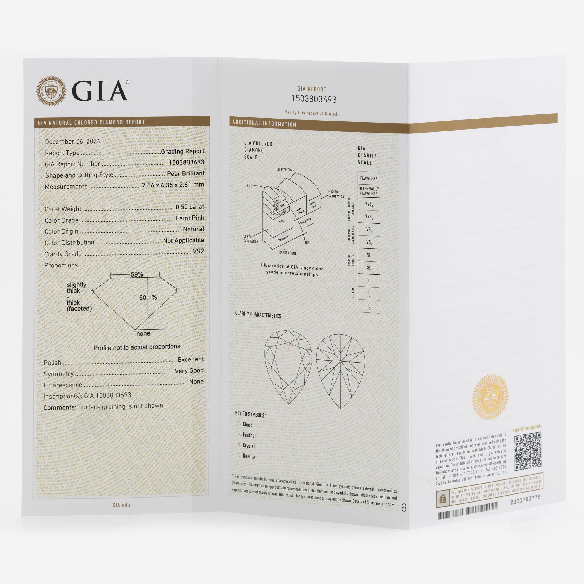 Faint pink pear-shaped diamond, 0.50 ct. Accompanied by GIA report.