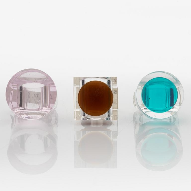 Siv Lagerström, three acrylic plastic rings. Engraved works from the 1970s.