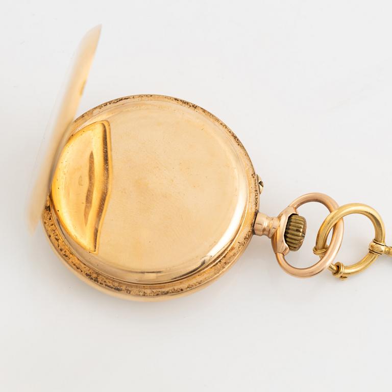 Pocket watch, 14K gold with an 18K chain, 52 mm.