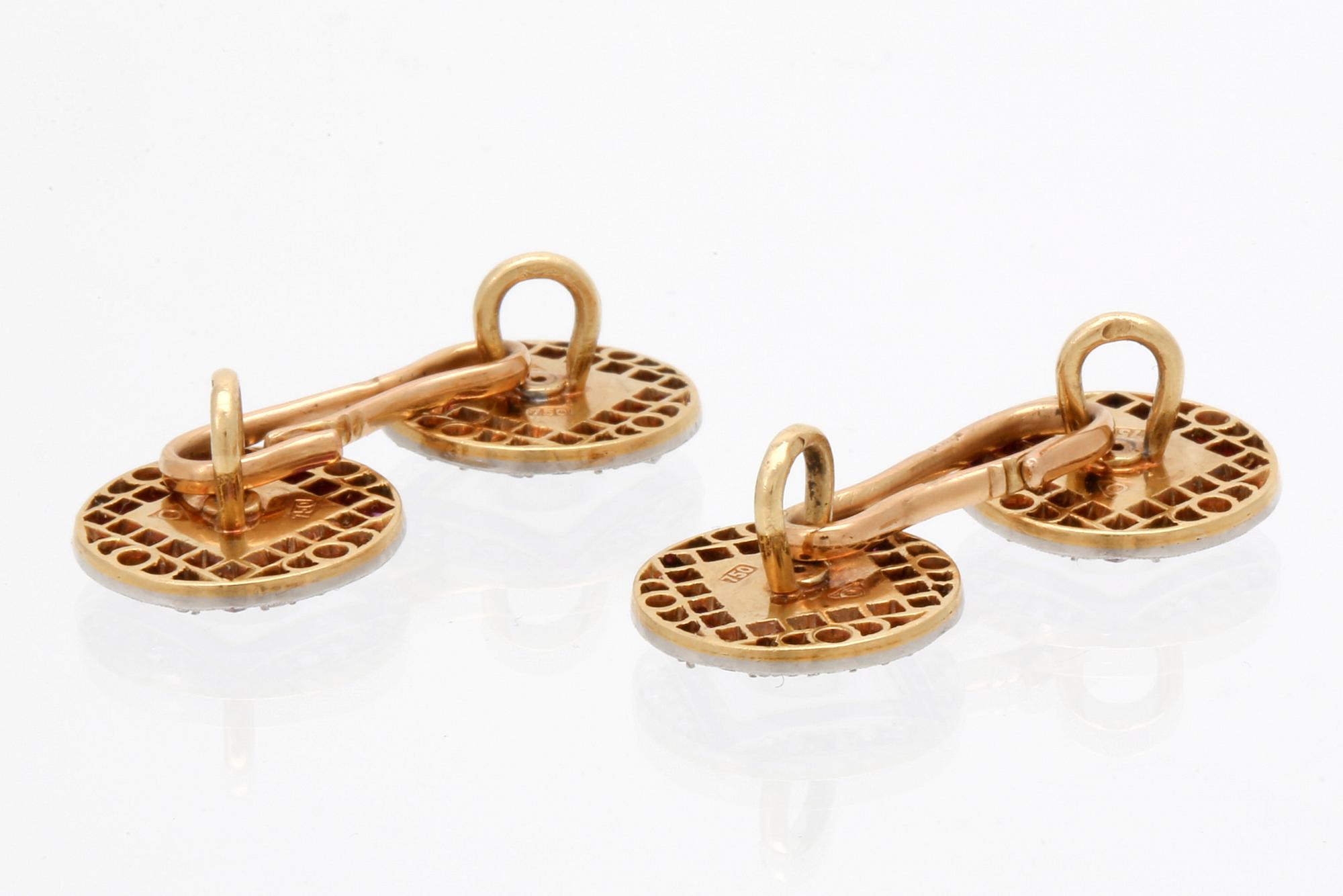 Cufflinks 18K gold, rubies, mother of pearl and rose-cut diamonds, French hallmarks, width approx 1 cm.