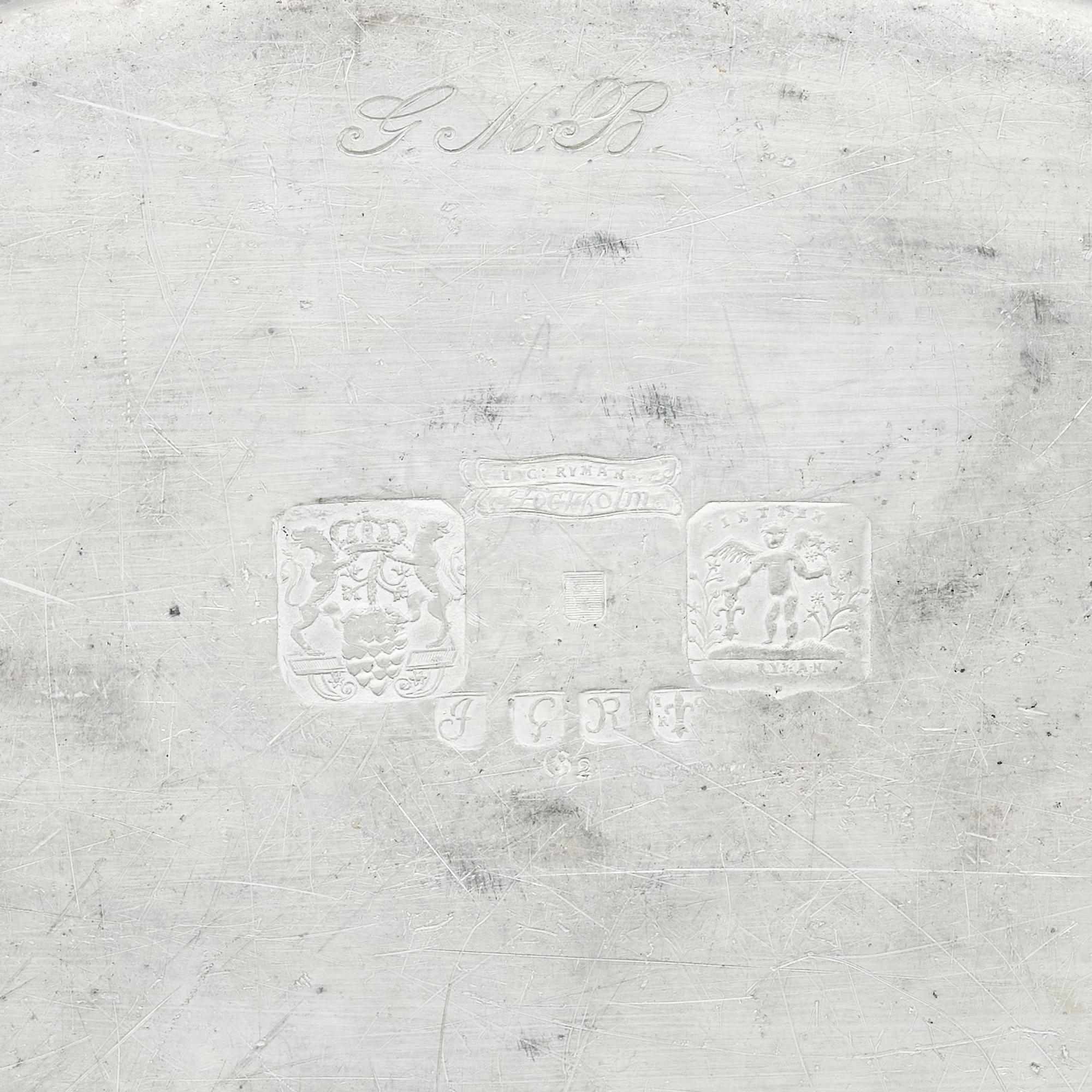 A Swedish Rococo pewter dish by J G Ryman (active in Stockholm 1761-1797), 1785.
