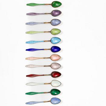 David Andersen, moccaskedar, 12 st, i etui, sterlingsilver och emalj, Norge, 1900-talets början.