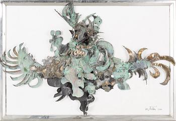 a metal sculpture mounted in a frame, signed and dated 2006.