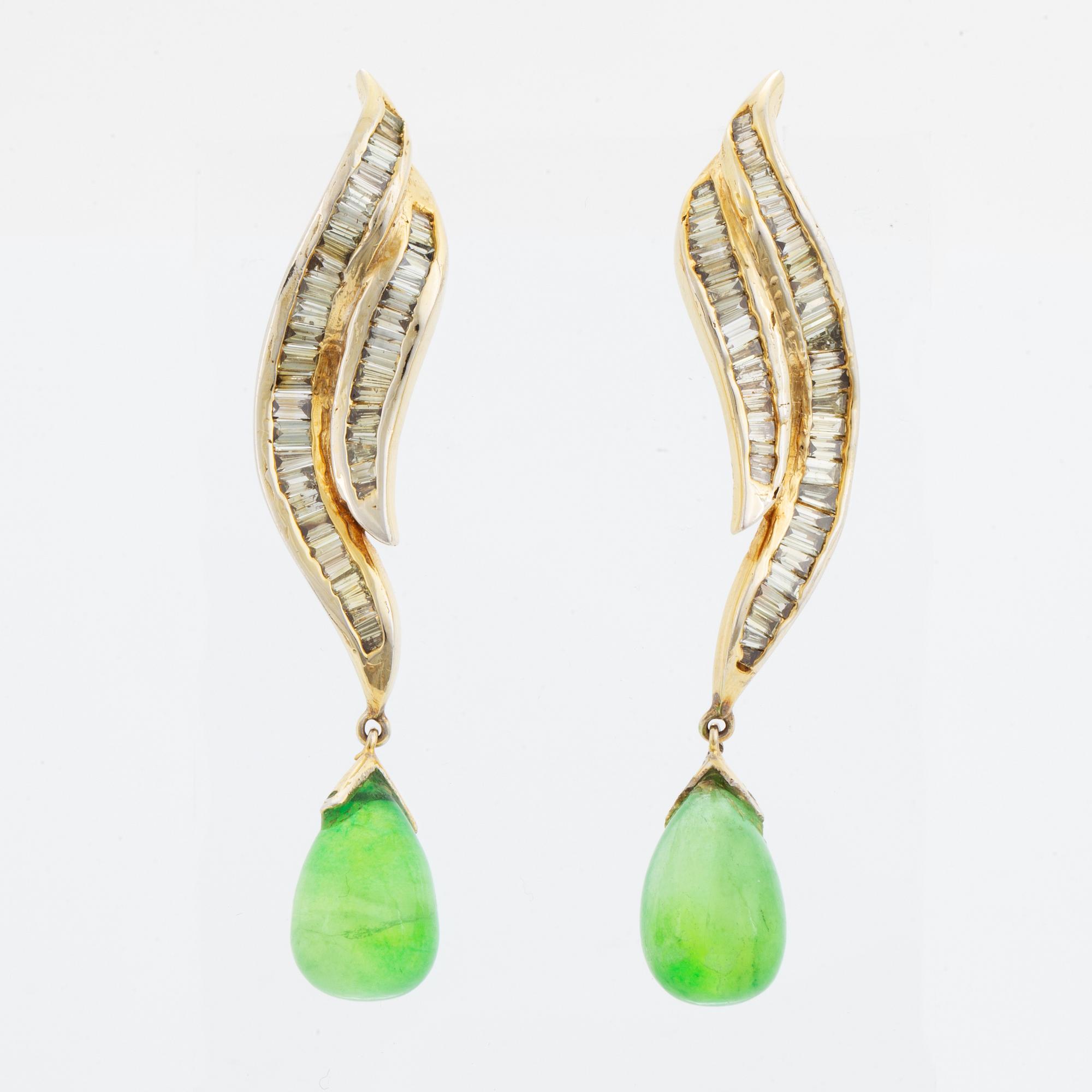 Baguette cut diamond and green stone earrings.