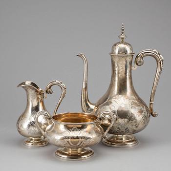 KAFFESERVIS, 3 delar, silver, Gustaf Möllenborg Féron, Stockholm, 1873. Vikt 1255 gram.