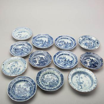 A set of12 different Chjinese Qianlong blue and white porcelain plates.