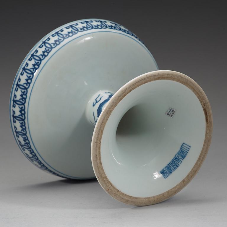 A blue and white dragons tazza, Qing dynasty, Qianlongs mark.