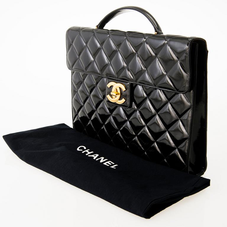 CHANEL Black Patent Leather Briefcase.